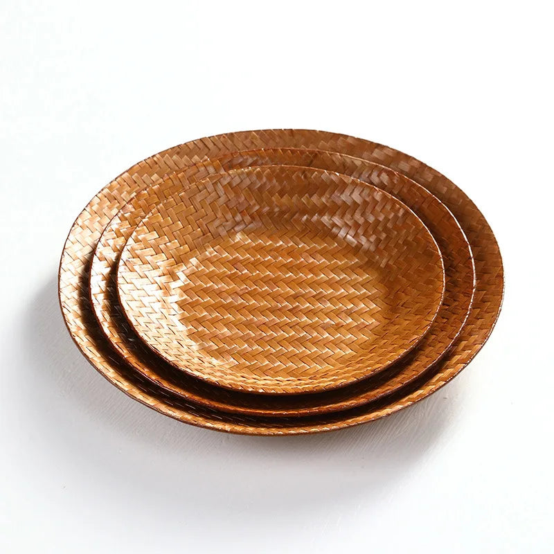 Handmade Bamboo Woven Fruit Plate Set of 3 Japanese Style Snack Dessert Tea Tray Shallow Serving Dishes