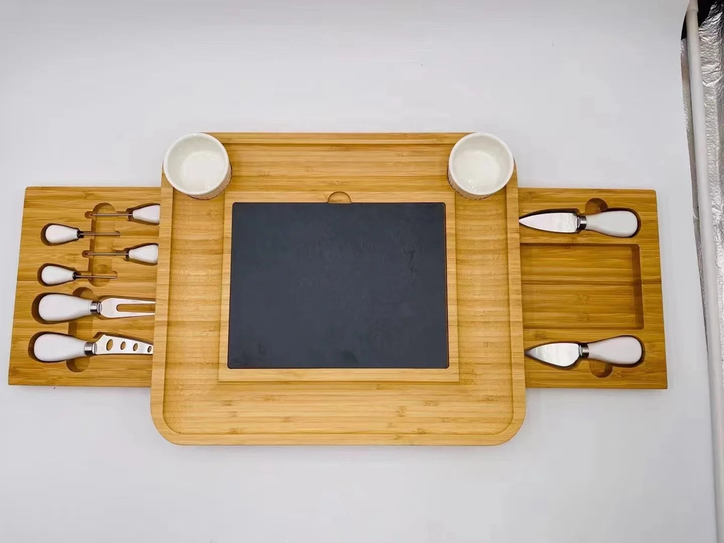 Bamboo Cheese Board Set with Knives and Slate & Two Ceramics Handle Cheese Tool Set Serving Tray