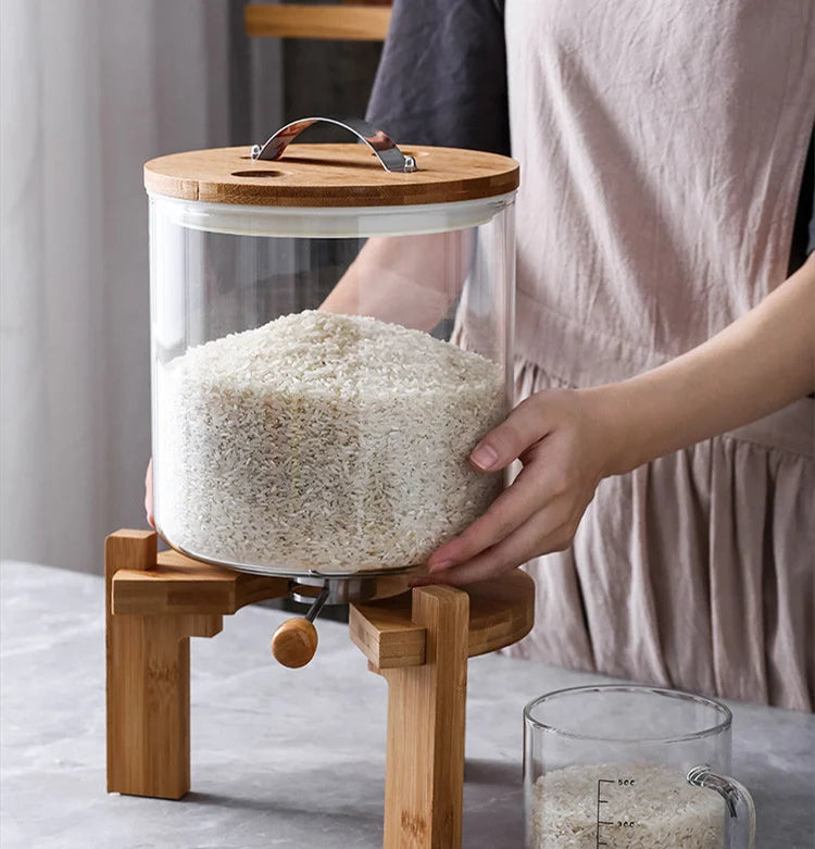 Eco-Friendly 5L/8L Glass Tank Container Freshness Preserving Bamboo Lid Tap Kitchen Food Storage Rice Dispenser for Party Use