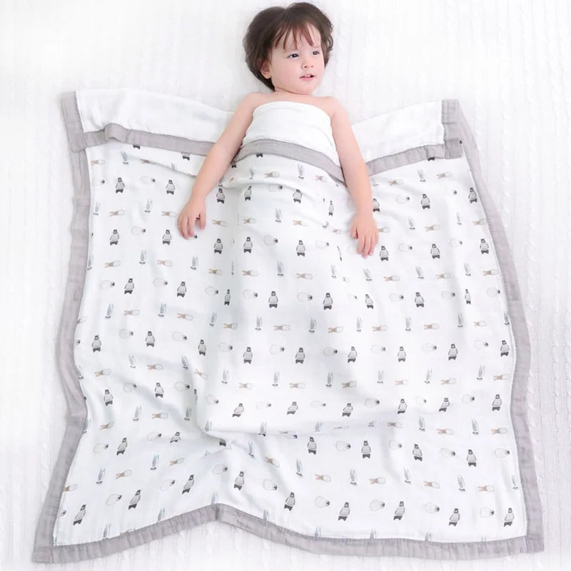 Custom 100% Organic Cotton Muslin Infant Bath Towel Cute Cartoon Pattern Babi Blankets 6-Layer Newborn Blanket for Travel Hotel