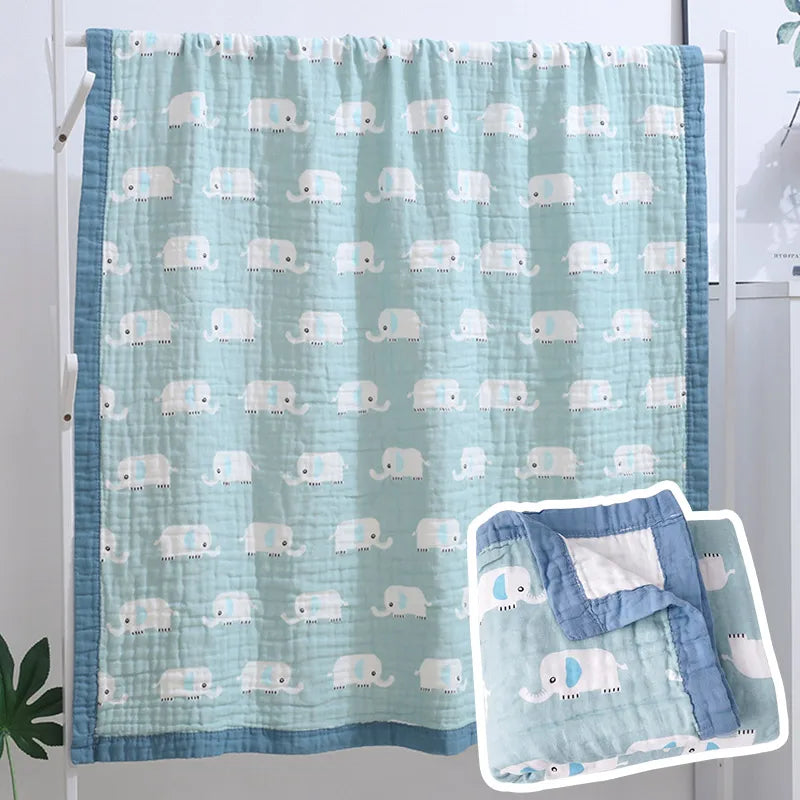 Custom 100% Organic Cotton Muslin Infant Bath Towel Cute Cartoon Pattern Babi Blankets 6-Layer Newborn Blanket for Travel Hotel