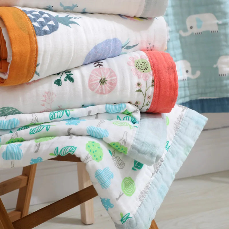 Custom 100% Organic Cotton Muslin Infant Bath Towel Cute Cartoon Pattern Babi Blankets 6-Layer Newborn Blanket for Travel Hotel