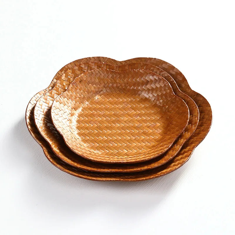 Handmade Bamboo Woven Fruit Plate Set of 3 Japanese Style Snack Dessert Tea Tray Shallow Serving Dishes