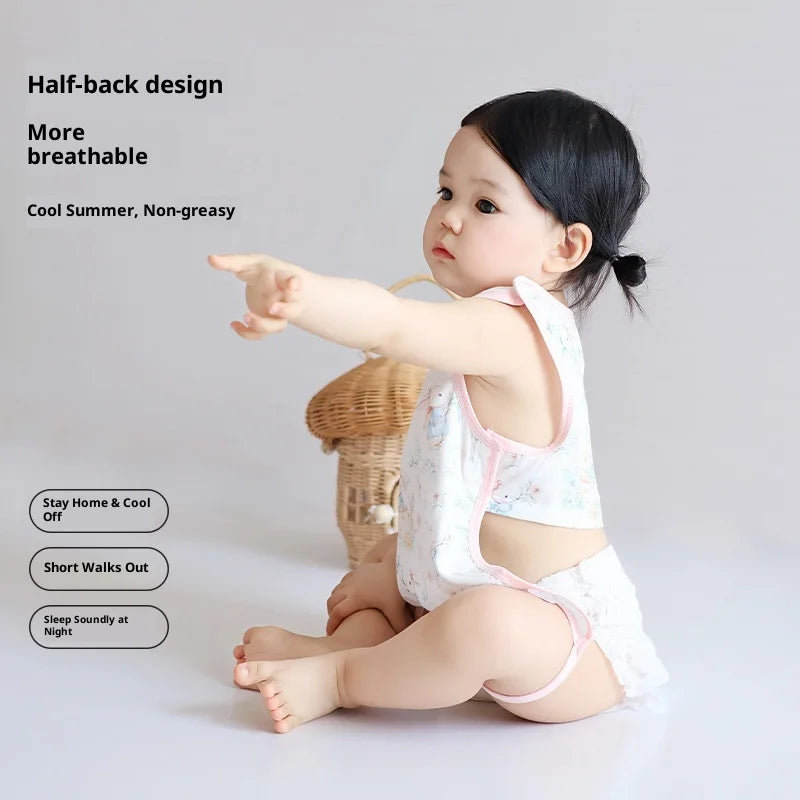 Children's summer bamboo and cotton half-back belly protector vest, unisex, with leg cover, crawling clothes