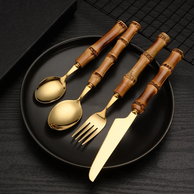 Natural Wooden Handle Spoon Fork Knife Flatware Set Gift Box 304 Stainless Steel Cutlery with Bamboo Handle
