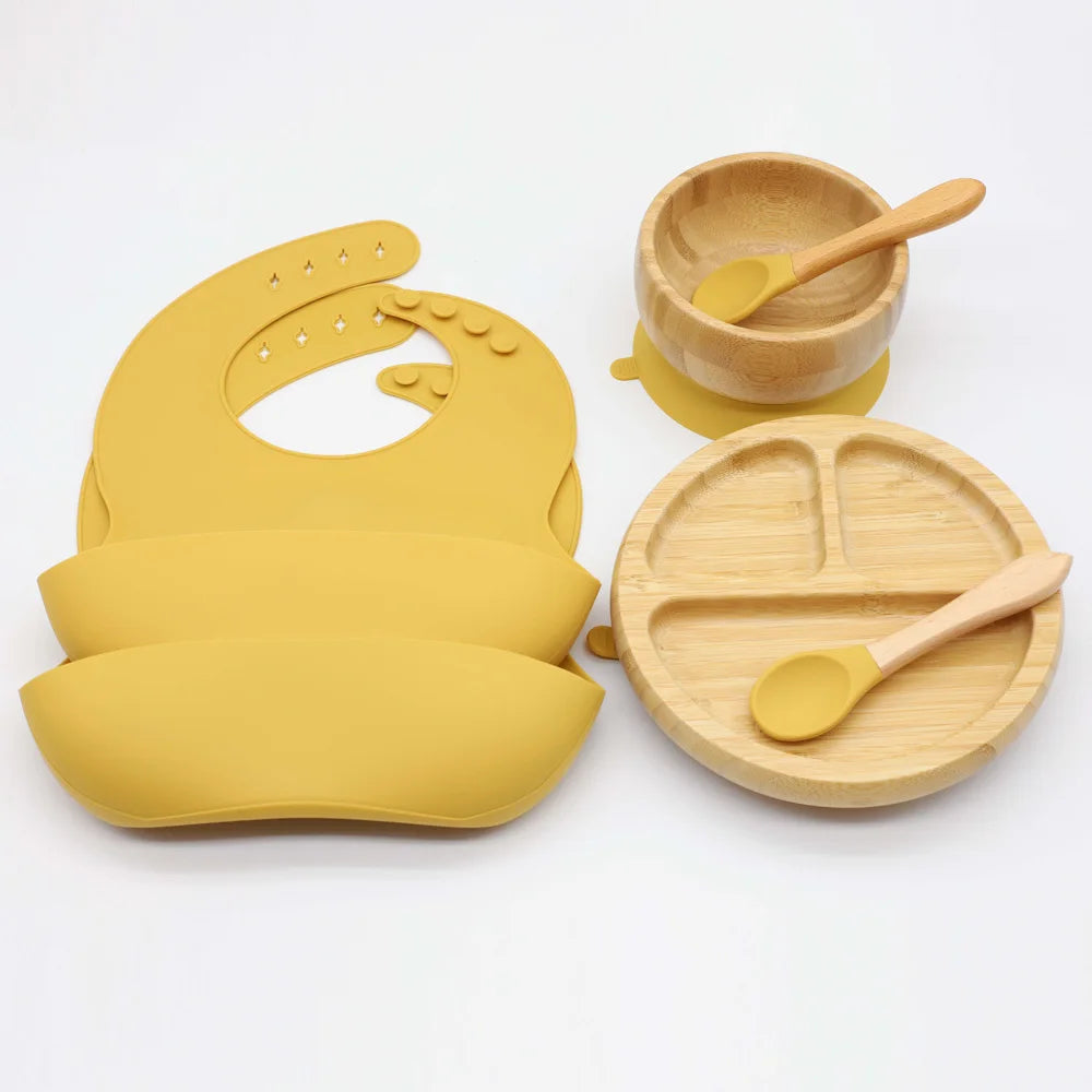 Free Combination New Arrival Baby Tableware Set Silicone Bamboo Baby Plate Feeding Utensils for Home Tea Restaurants