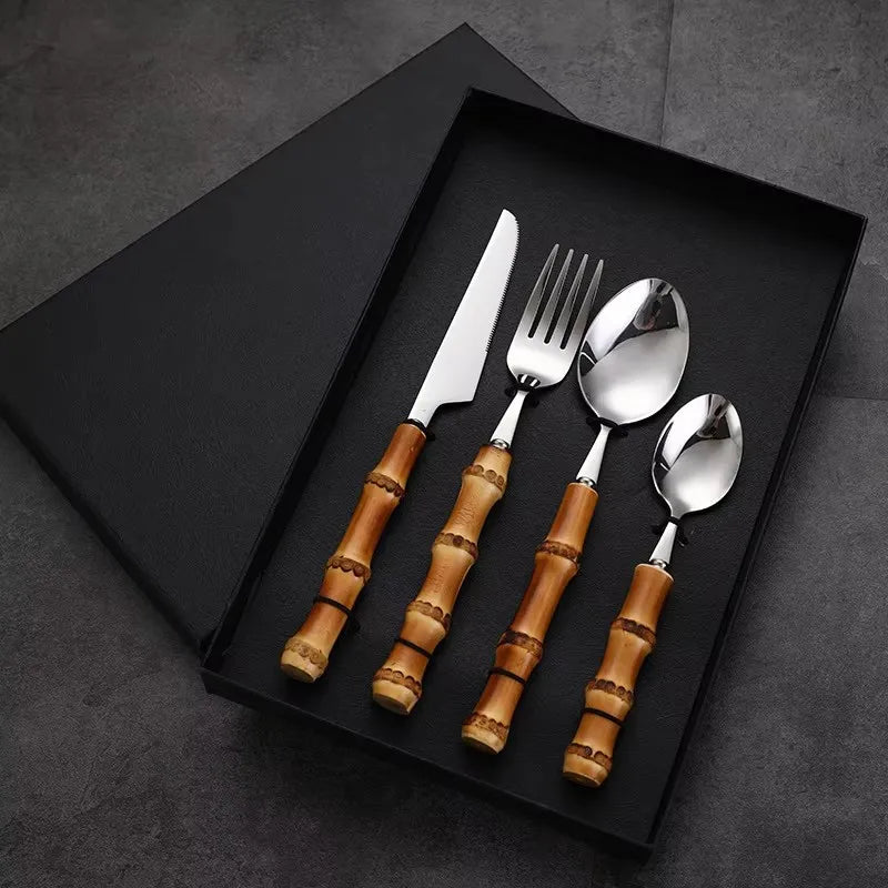 Natural Wooden Handle Spoon Fork Knife Flatware Set Gift Box 304 Stainless Steel Cutlery with Bamboo Handle