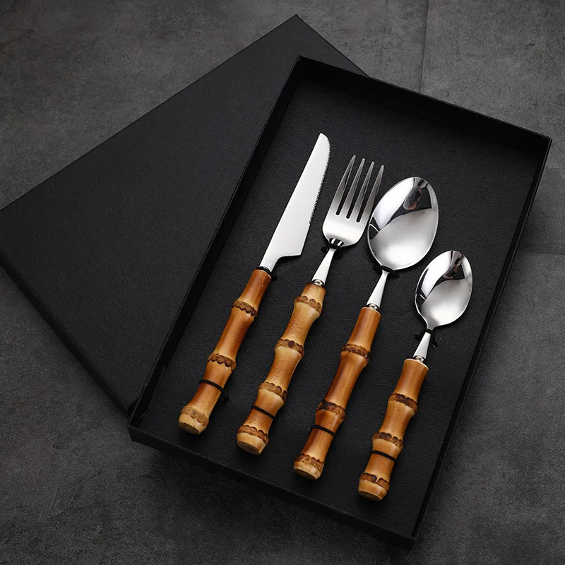 Natural Wooden Handle Spoon Fork Knife Flatware Set Gift Box 304 Stainless Steel Cutlery with Bamboo Handle