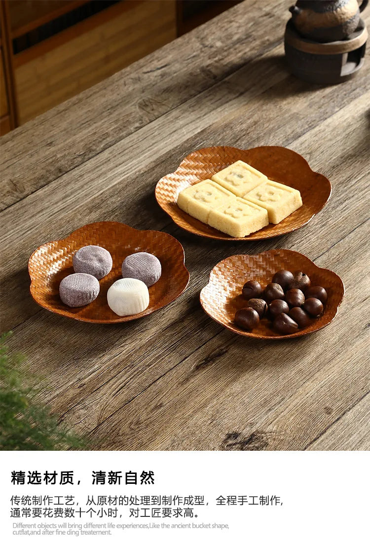 Handmade Bamboo Woven Fruit Plate Set of 3 Japanese Style Snack Dessert Tea Tray Shallow Serving Dishes