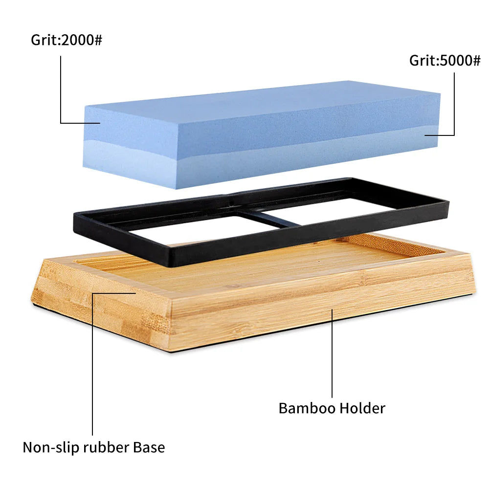 Knife Sharpener Stone 2 Side Whetstone Kit Quick Sharpening for Damascus and Quality Knife With NonSlip Bamboo Base