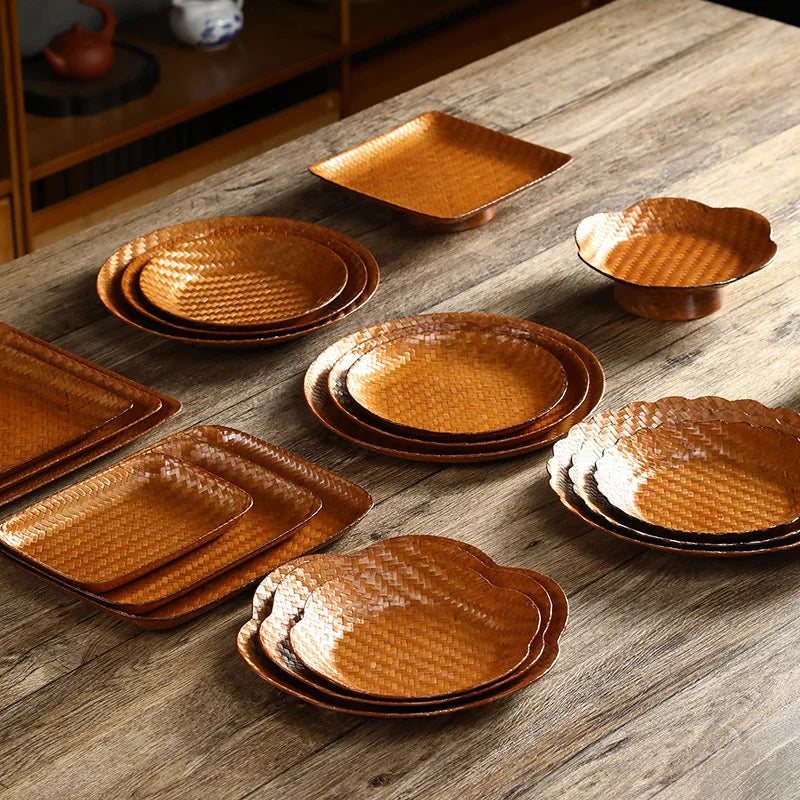 Handmade Bamboo Woven Fruit Plate Set of 3 Japanese Style Snack Dessert Tea Tray Shallow Serving Dishes