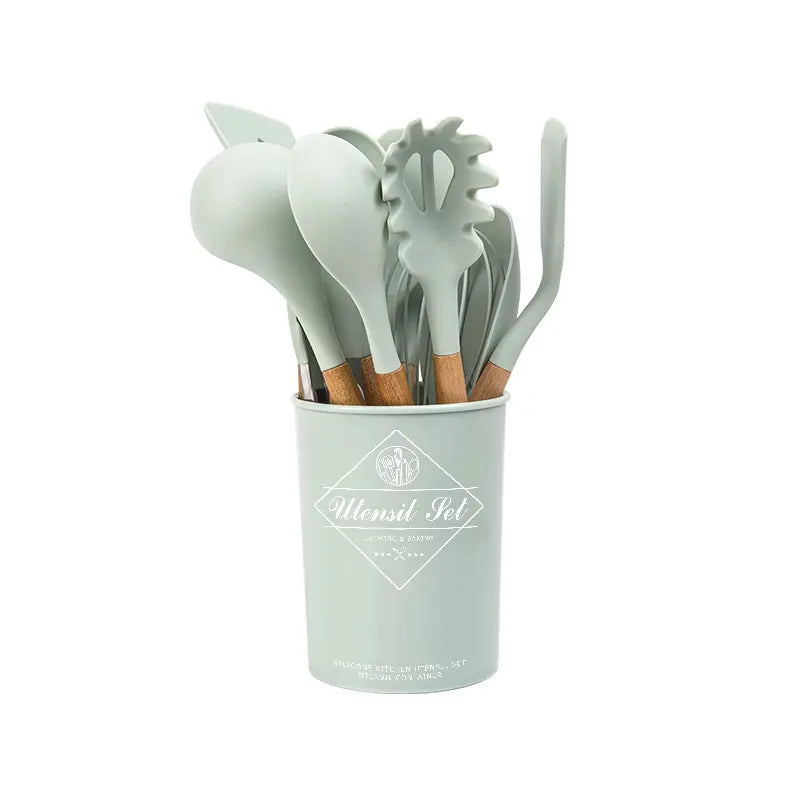 Factory Direct Sale Eco-friendly Organic Silicone Kitchen Tool Set With Wooden Handle