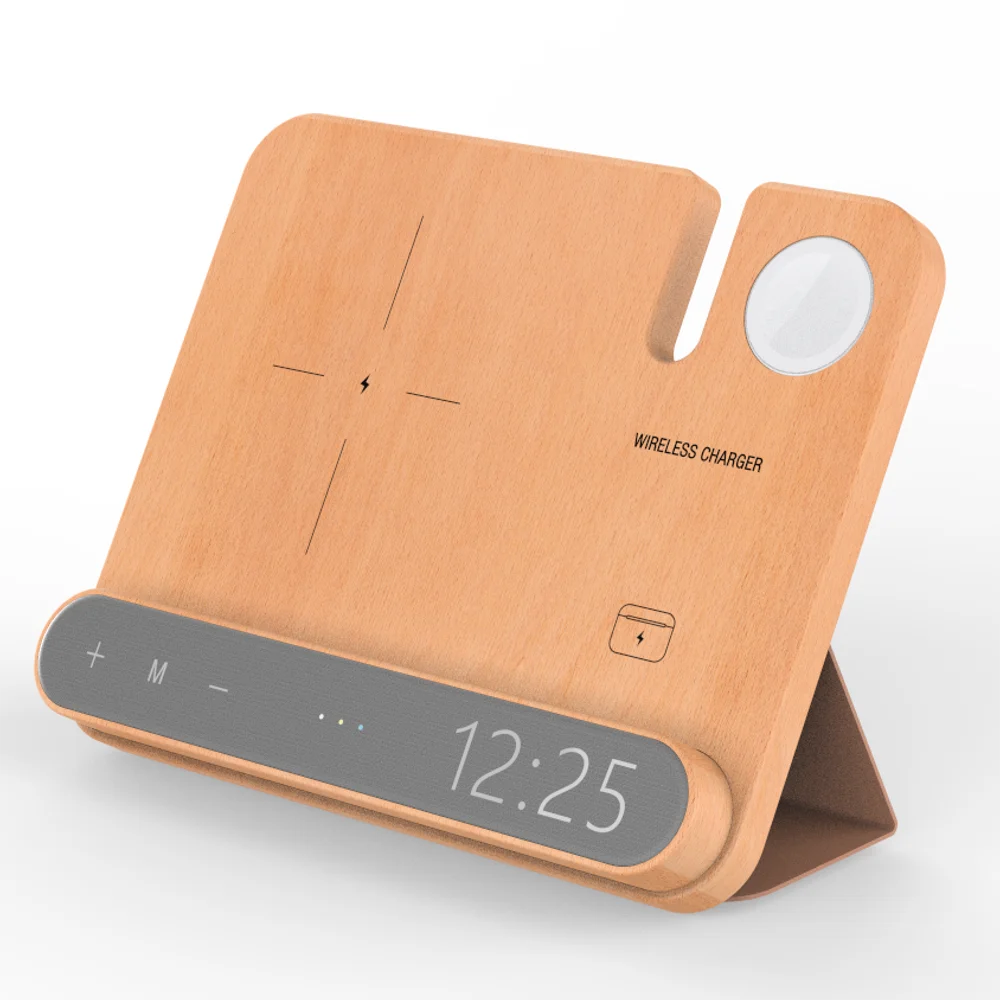 15W Wood/Bamboo Wireless Charger Mobile Stand 3-in-1 Electric PD Charging Station with 5V/1A for IWatch & for