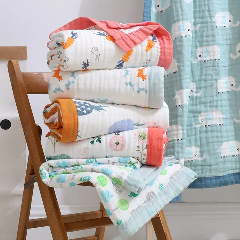 Custom 100% Organic Cotton Muslin Infant Bath Towel Cute Cartoon Pattern Babi Blankets 6-Layer Newborn Blanket for Travel Hotel