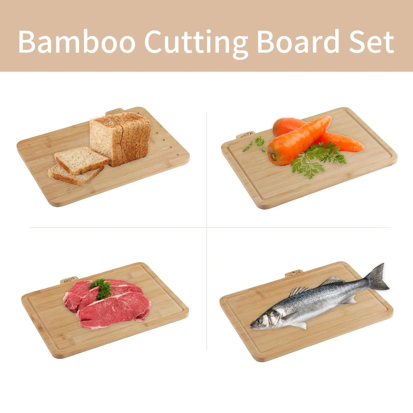 Restaurant Bamboo Wood Cutting Board Set 1.5cm Thick Dishwasher Safe QM Brand Solid Wood Rectangular Vegetable Snack Cutting