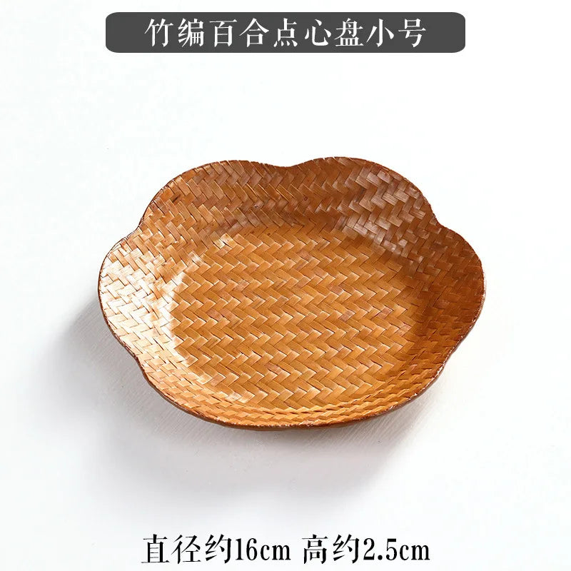 Handmade Bamboo Woven Fruit Plate Set of 3 Japanese Style Snack Dessert Tea Tray Shallow Serving Dishes