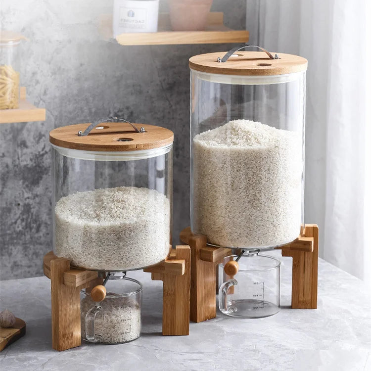 Eco-Friendly 5L/8L Glass Tank Container Freshness Preserving Bamboo Lid Tap Kitchen Food Storage Rice Dispenser for Party Use