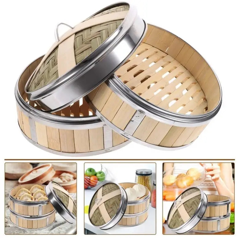Bamboo Steamers With Rings Wholesale Food Silicone Steamer Lids Basket for Pot Chicken Meat Seafood Dimsum 8" Circular