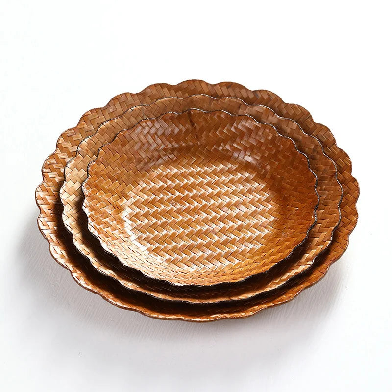 Handmade Bamboo Woven Fruit Plate Set of 3 Japanese Style Snack Dessert Tea Tray Shallow Serving Dishes