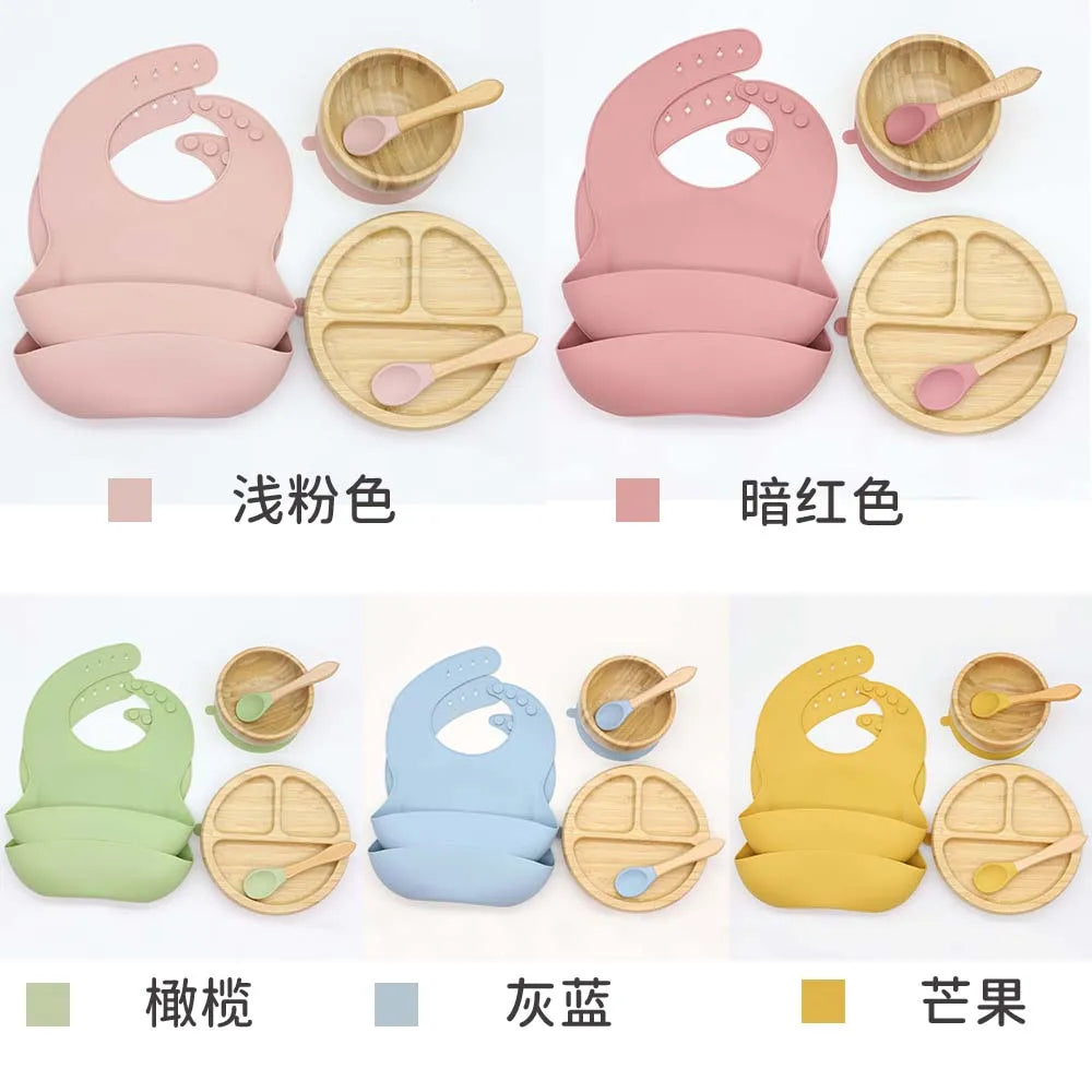 Free Combination New Arrival Baby Tableware Set Silicone Bamboo Baby Plate Feeding Utensils for Home Tea Restaurants