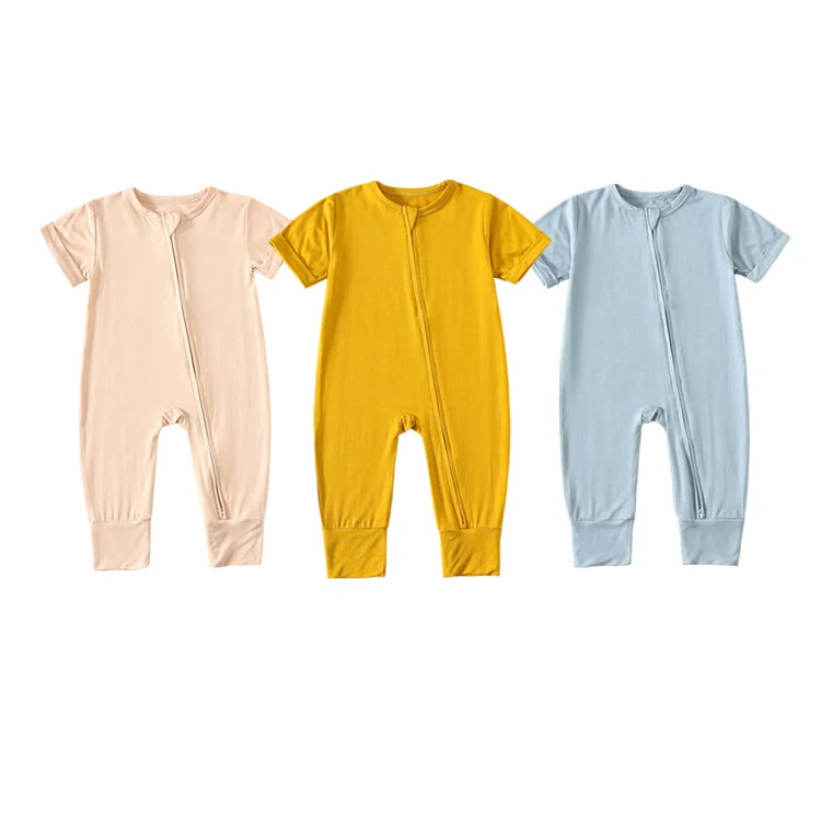 Children's Unisex Bamboo Fiber Spandex Knitted Newborn Rompers Spring Short Sleeve Two-Way Zipper Soft Breathable Climbing