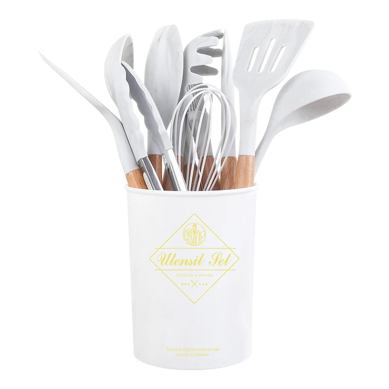 Factory Direct Sale Eco-friendly Organic Silicone Kitchen Tool Set With Wooden Handle