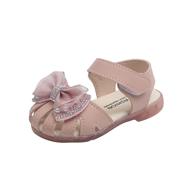 2025 Summer Bow Rhinestone Princess Sandals for Baby Girls Soft Lightweight Toddler Shoes Breathability