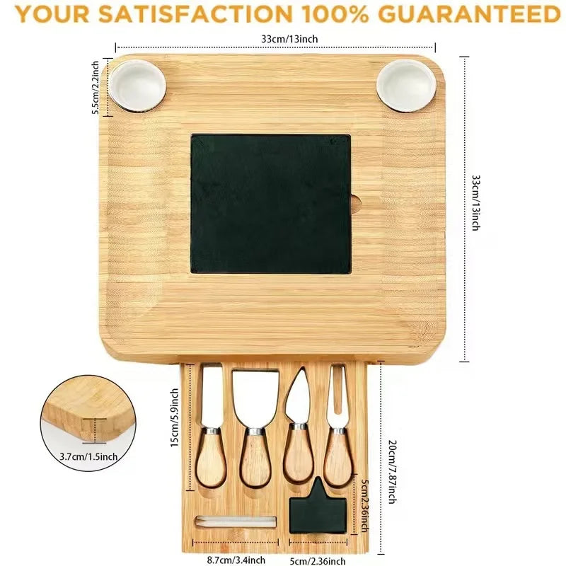 Bamboo Cheese Board Set with Knives and Slate & Two Ceramics Handle Cheese Tool Set Serving Tray