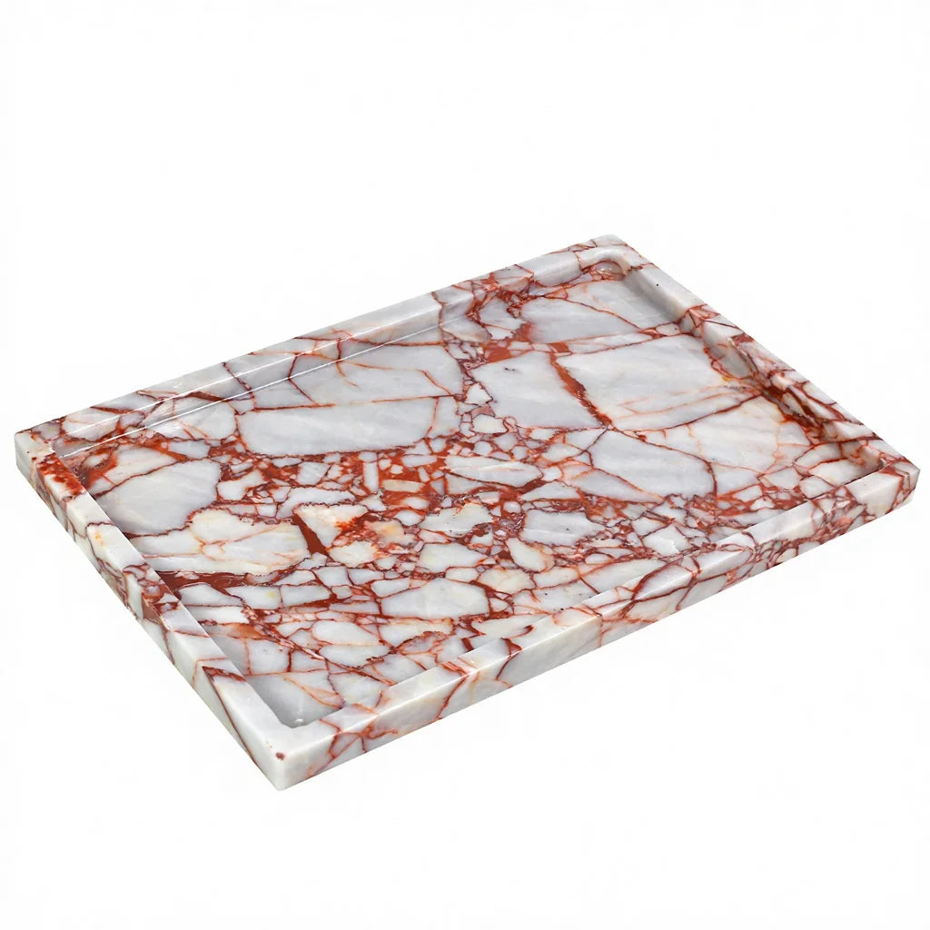 Luxury Natural Rectangle  Calacatta Red Marble Serving Tray Decorative Food Fruit Jewelry Display Tray for Christmas Home Decor