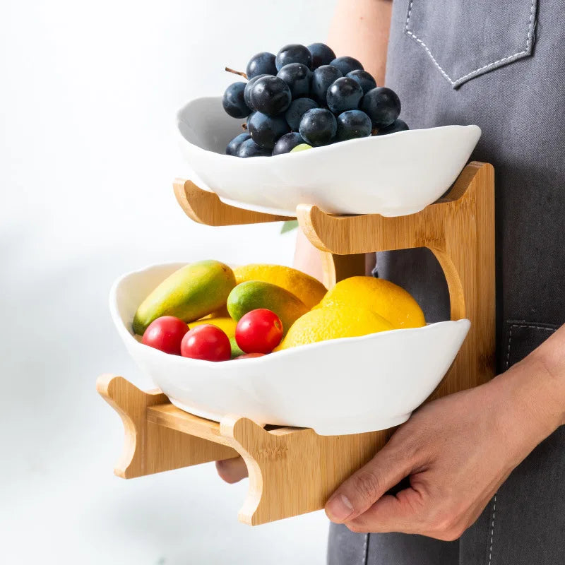 Multi-layer European Dried Fruit Tray Standing Type Bamboo Wooden Rack Multifunction Kitchen Snack & Candy Tray Fruit Basket