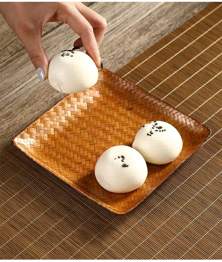 Handmade Bamboo Woven Fruit Plate Set of 3 Japanese Style Snack Dessert Tea Tray Shallow Serving Dishes