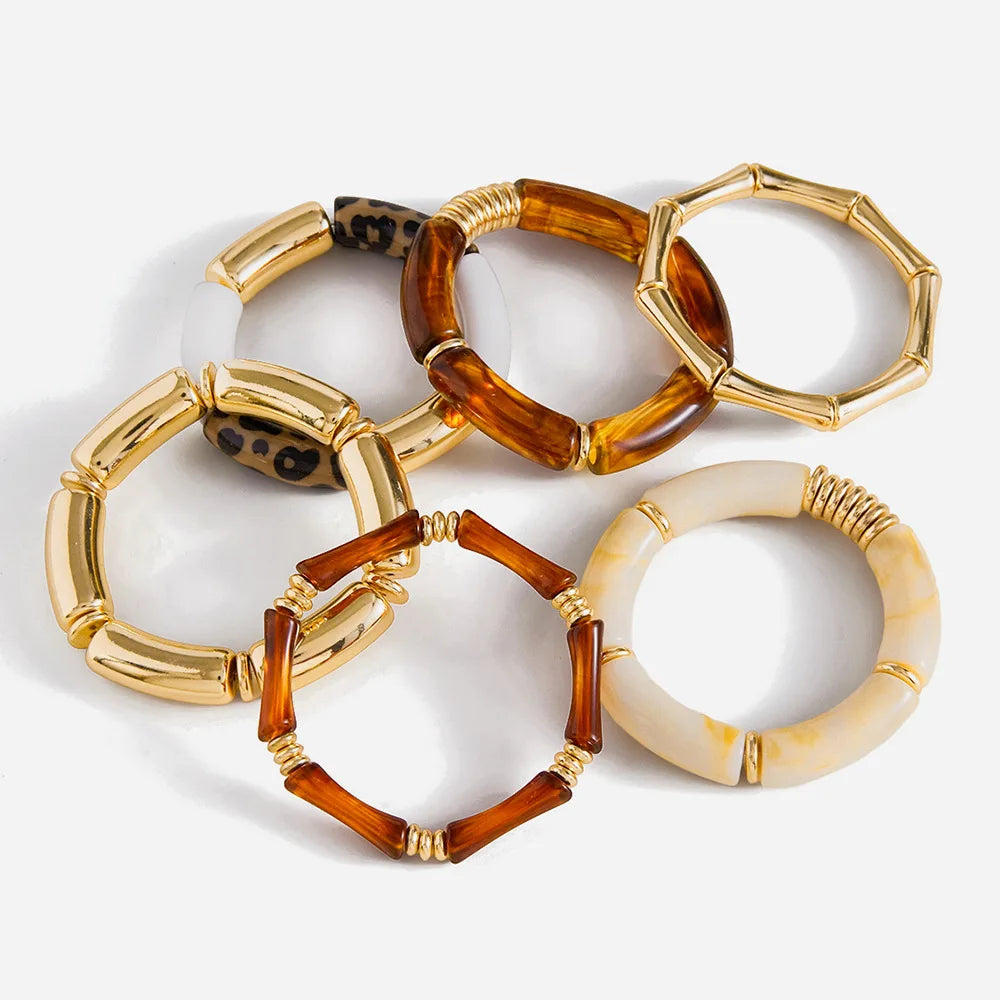 MW New Styles 2pcs Set Vintage Resin Bamboo Bangles UV Gold Plated Leopard Amber Resin Bamboo Joint Bangle Bracelets Wholesale