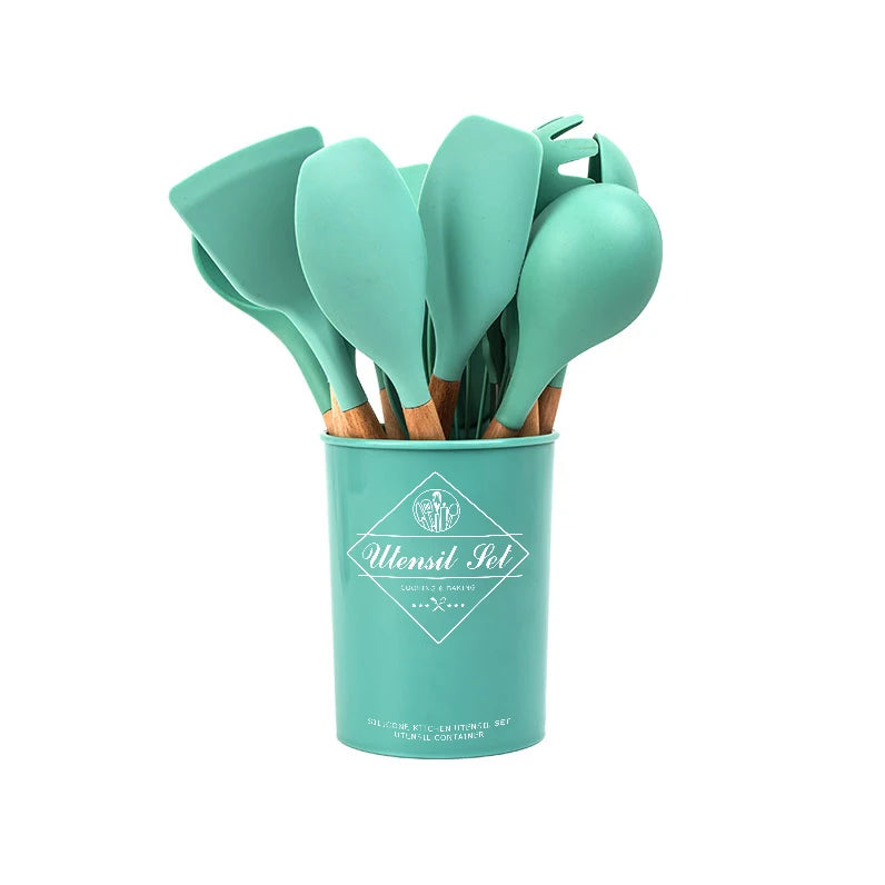 Factory Direct Sale Eco-friendly Organic Silicone Kitchen Tool Set With Wooden Handle