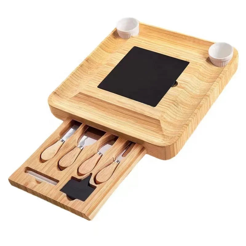 Bamboo Cheese Board Set with Knives and Slate & Two Ceramics Handle Cheese Tool Set Serving Tray