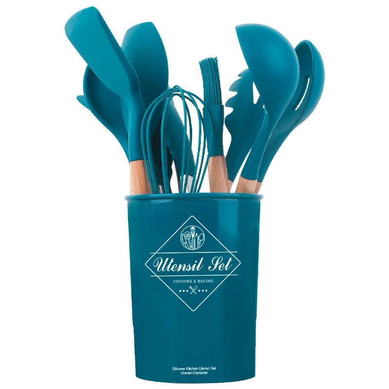 Factory Direct Sale Eco-friendly Organic Silicone Kitchen Tool Set With Wooden Handle