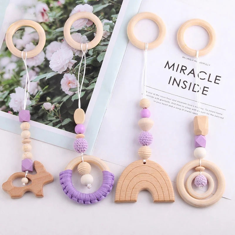 4pcs Organic Rainbow Beech Wood Soft Teether Baby Teething Toy Gift Set Food Grade BPA Free Safe Newborn Infant Beads 30cm