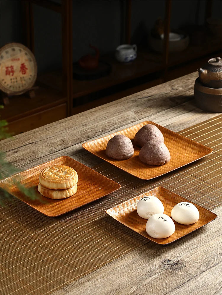 Handmade Bamboo Woven Fruit Plate Set of 3 Japanese Style Snack Dessert Tea Tray Shallow Serving Dishes