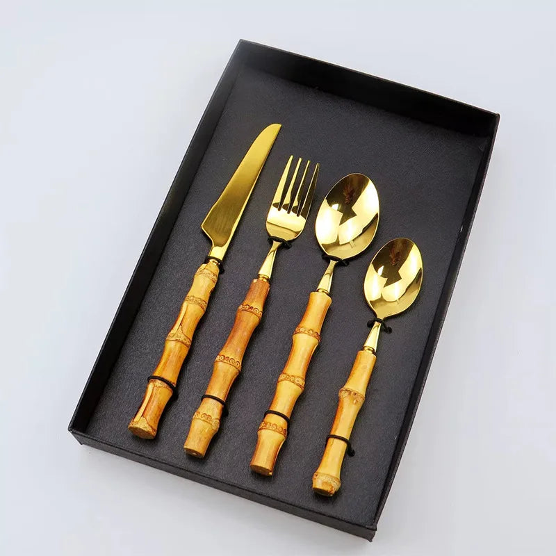 Natural Wooden Handle Spoon Fork Knife Flatware Set Gift Box 304 Stainless Steel Cutlery with Bamboo Handle