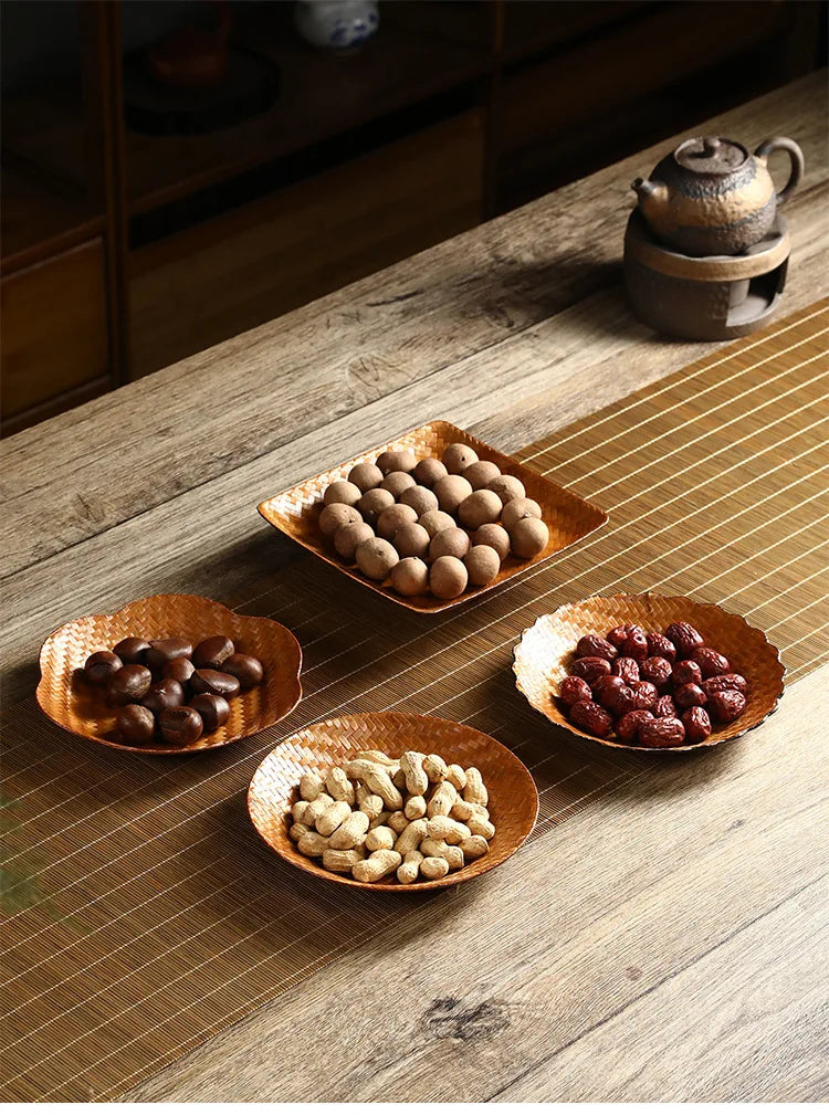 Handmade Bamboo Woven Fruit Plate Set of 3 Japanese Style Snack Dessert Tea Tray Shallow Serving Dishes