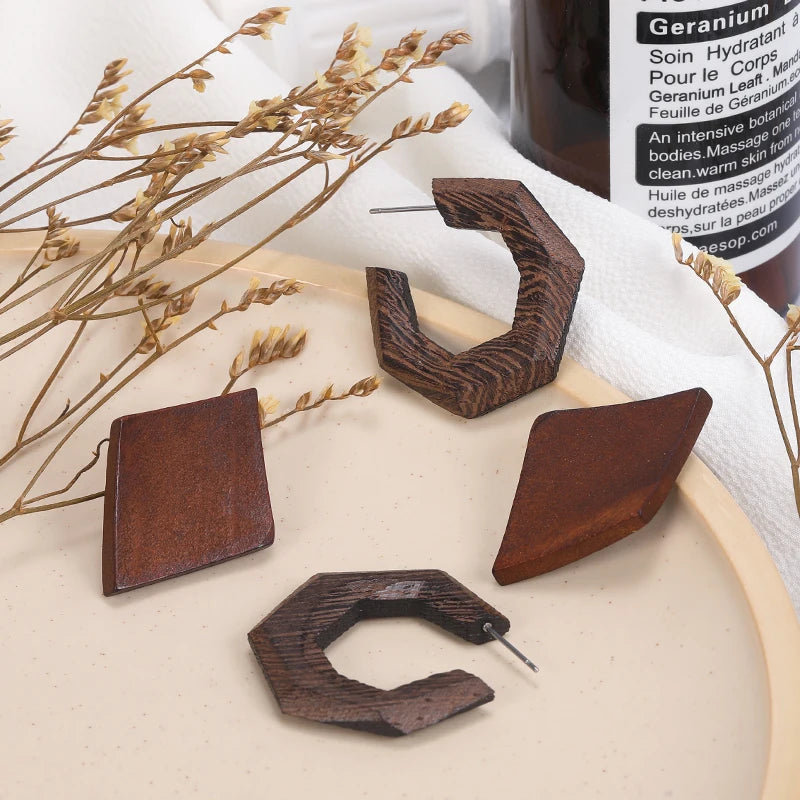 HOVANCI Handmade Africa Wooden Earrings  S925 Sterling Silver Stud Bamboo Big Rattan Earrings for Women Birthday Party Gift