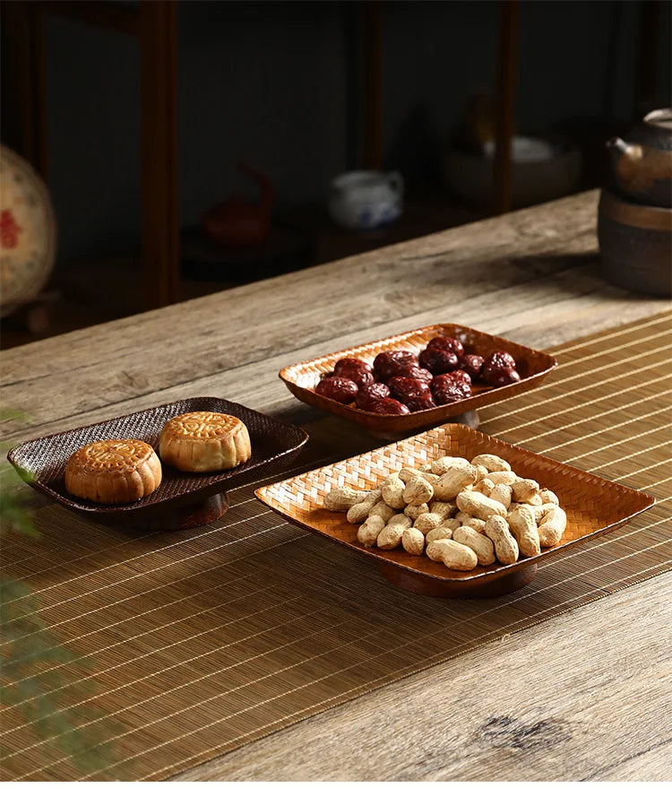 Handmade Bamboo Woven Fruit Plate Set of 3 Japanese Style Snack Dessert Tea Tray Shallow Serving Dishes