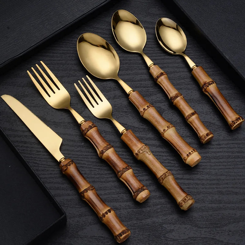 Natural Wooden Handle Spoon Fork Knife Flatware Set Gift Box 304 Stainless Steel Cutlery with Bamboo Handle