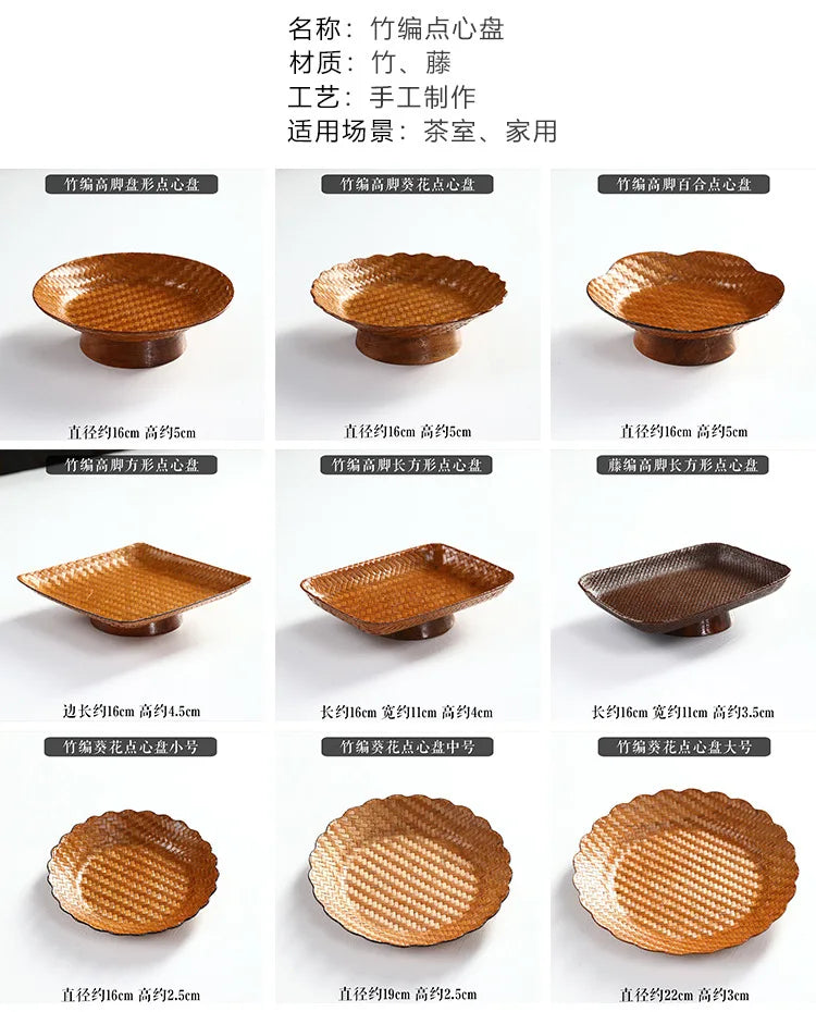 Handmade Bamboo Woven Fruit Plate Set of 3 Japanese Style Snack Dessert Tea Tray Shallow Serving Dishes
