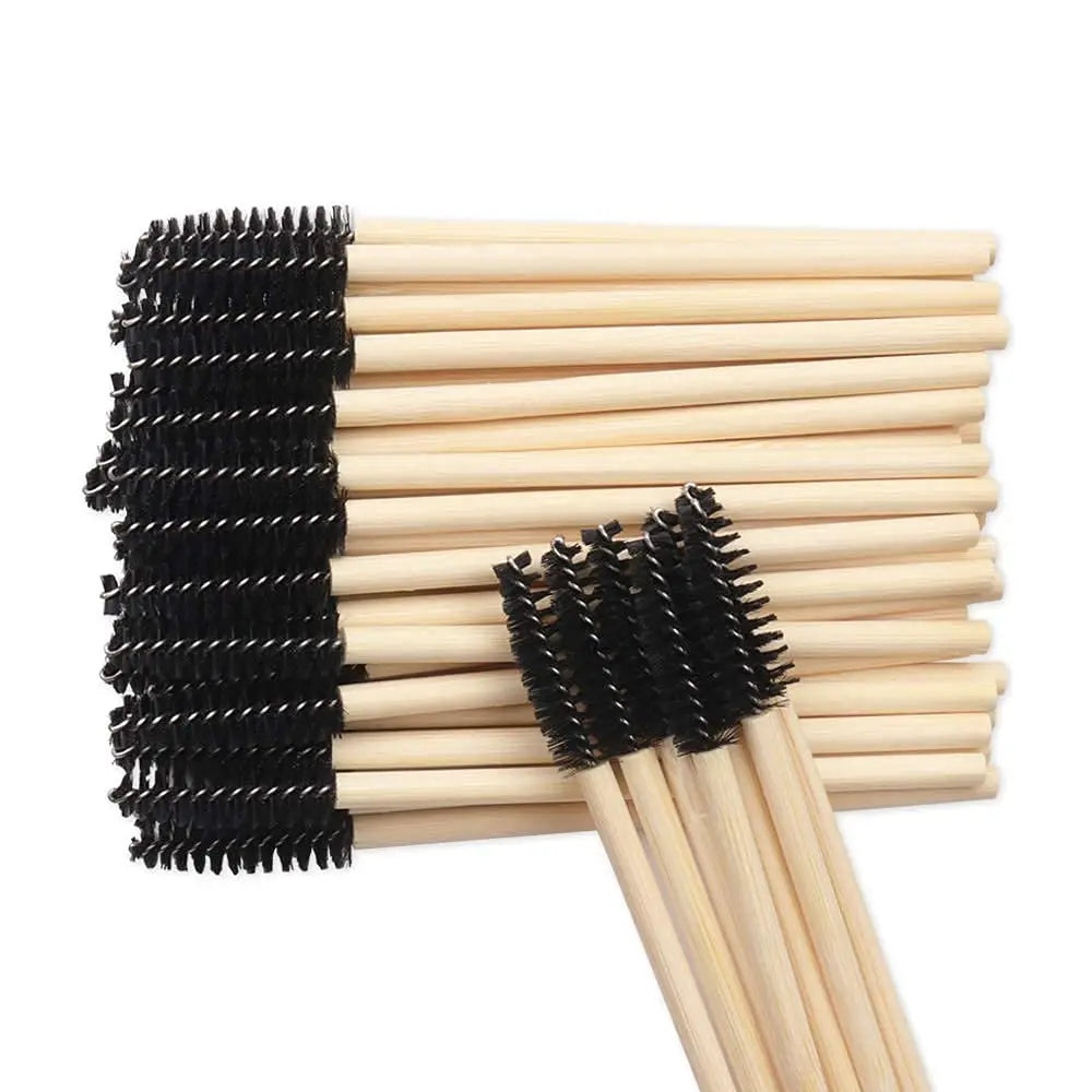 Disposable Wooden Handle Mascara Wand with Nylon Brush Bamboo Sticks Eco-Friendly Eyelash Use 50 Pieces Per Pack