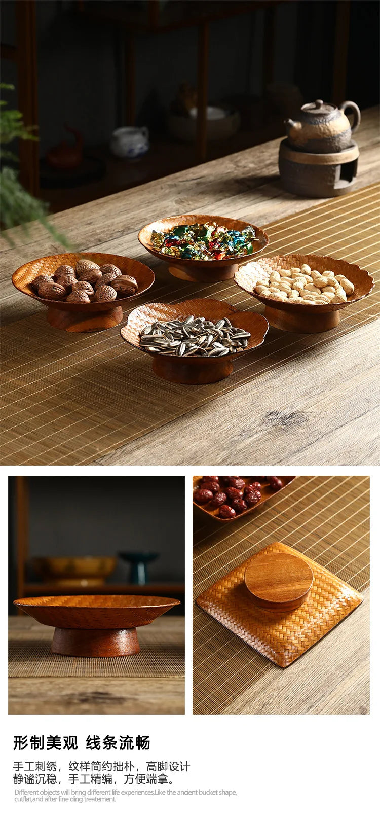 Handmade Bamboo Woven Fruit Plate Set of 3 Japanese Style Snack Dessert Tea Tray Shallow Serving Dishes
