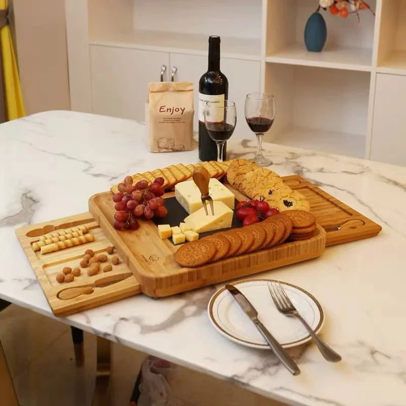 Premium Bamboo Charcuterie Board Set with Extendable Trays & 8-Piece Cutlery - Cheese, Meat & Fruit Serving Platter (OEM/ODM)