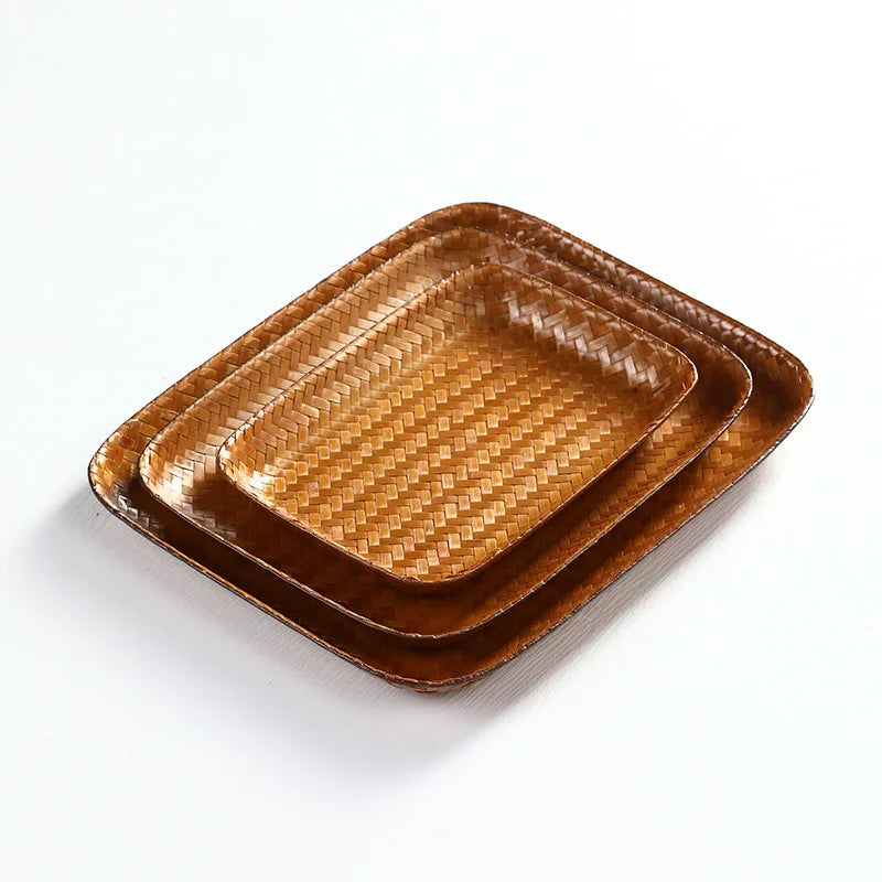 Handmade Bamboo Woven Fruit Plate Set of 3 Japanese Style Snack Dessert Tea Tray Shallow Serving Dishes
