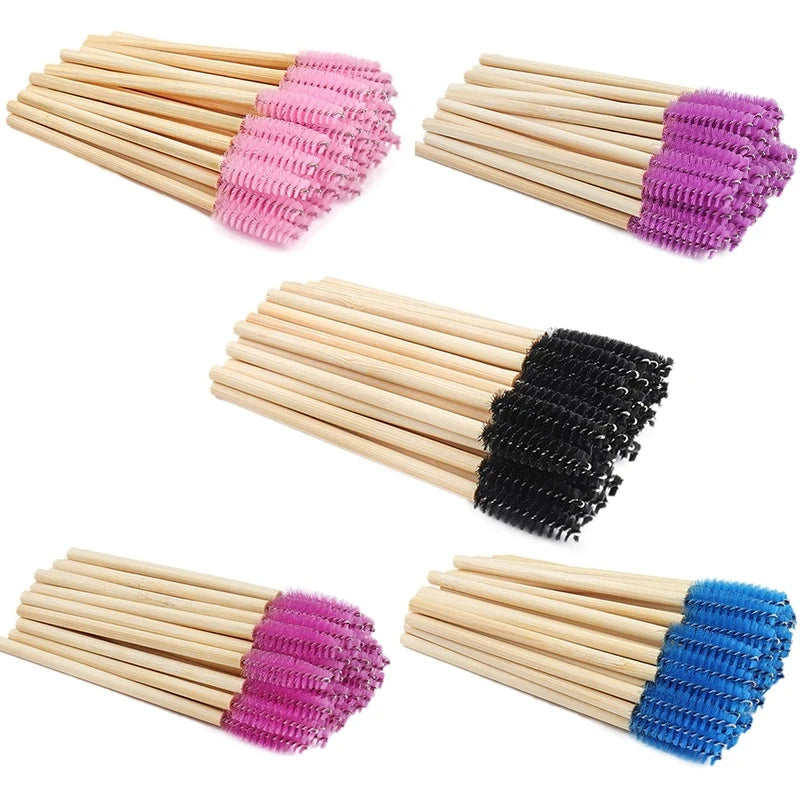 Disposable Wooden Handle Mascara Wand with Nylon Brush Bamboo Sticks Eco-Friendly Eyelash Use 50 Pieces Per Pack