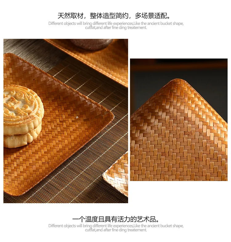 Handmade Bamboo Woven Fruit Plate Set of 3 Japanese Style Snack Dessert Tea Tray Shallow Serving Dishes