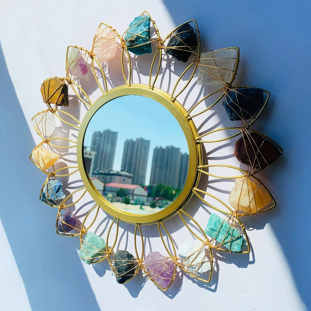 Modern Natural Crystal Luxury Metal Wall Mirror Hotel Home Decorative Fashionable Gold Shape Wall Dressing Table Mirror